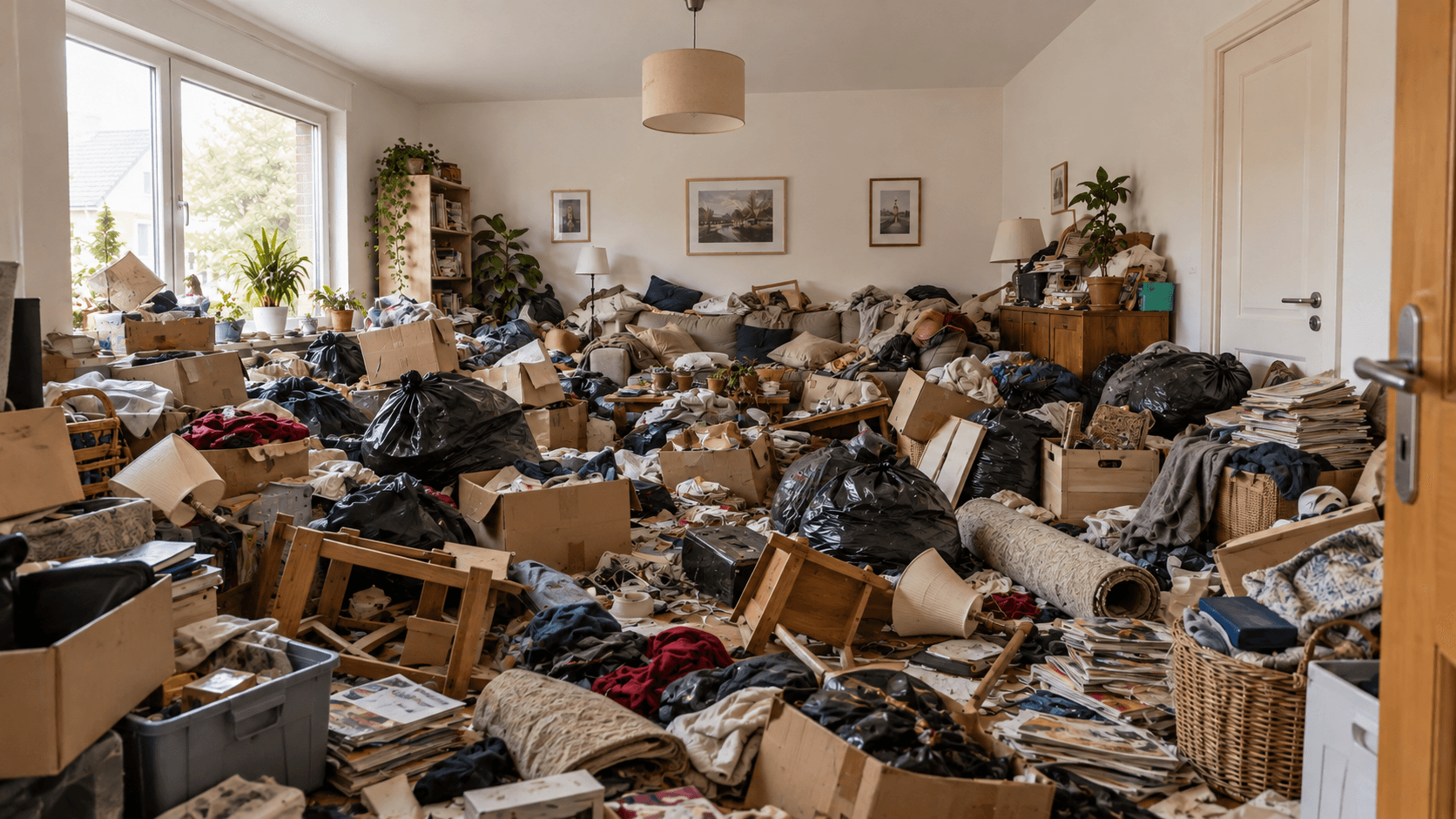 Stark zugemülltes Wohnzimmer vor der Entrümpelung, illustrative Darstellung
